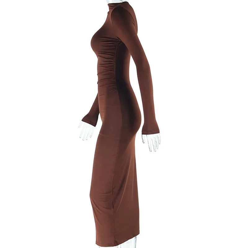 Robe Femme Style Européen & Américain – Manches Longues, Couleur Unie, O-Neck, Taille Mi-haute