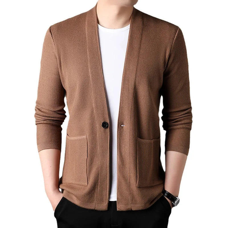 Spring Casual Style Long Sleeve Deep v Neck Single Button Loose Man Sweater Coat