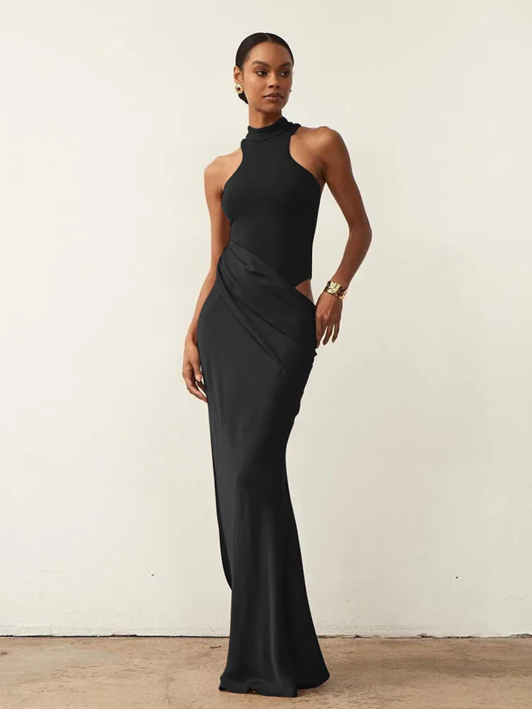 Robe Longue Femme Satin Sexy – Col Ajouré, Sans Manches, Taille Haute, Noir, Automne 2025