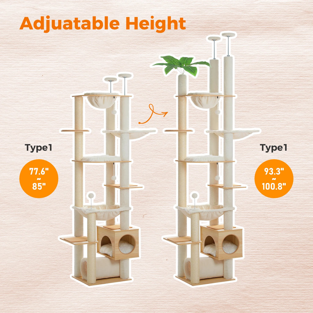 Floor-to-Ceiling Adjustable Wooden Cat Tree – Cat Tower with Hammock & Condo