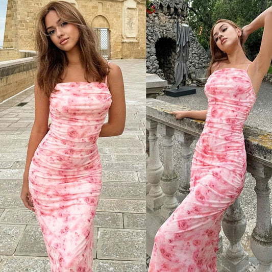 Robe froncée à imprimé Floral, Sexy et élégante, bretelles Spaghetti, dos nu, robes pour femmes, fête d'été, anniversaire, Club, vêtements pour dames