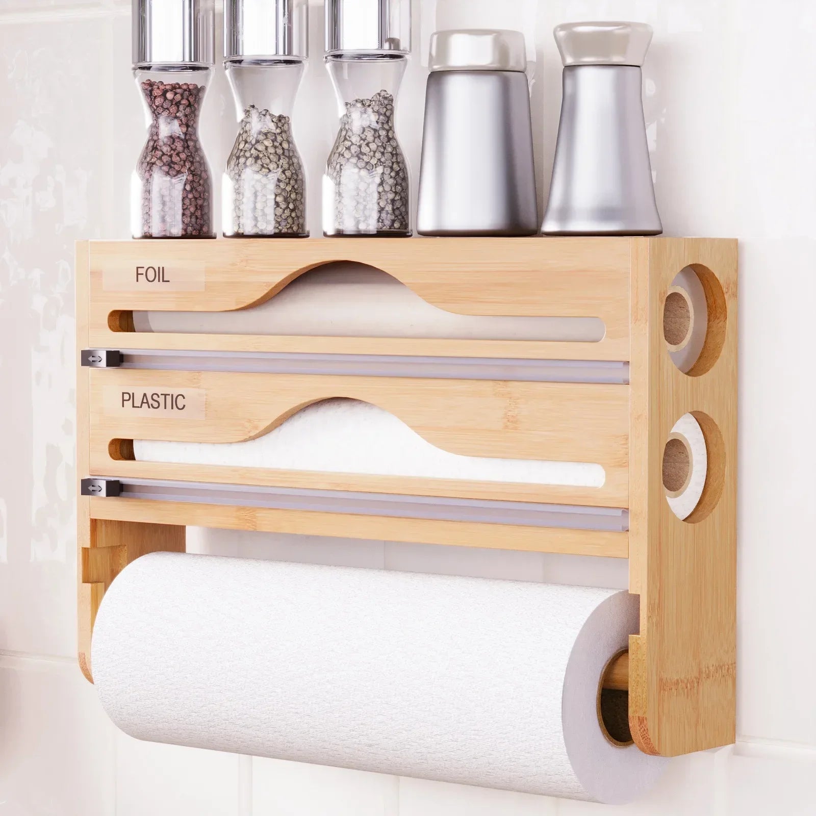 Bamboo Wall Mounted Kitchen Organizer – Cling Film & Foil Cutter Storage Box