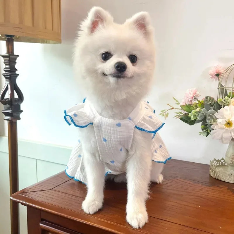 Heart Print Dog Dress with Bow – Cute Summer Princess Outfit for Small Dogs & Cats