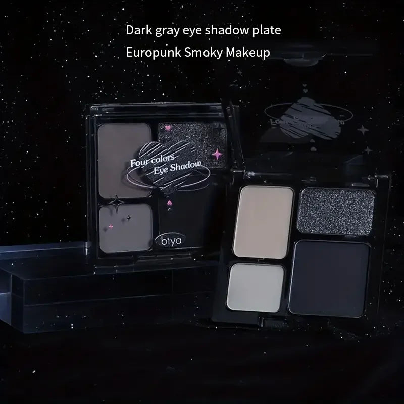 Palette fards à paupières 4 couleurs, mats et nacrés pailletés, smoky punk noir, gris, argent, maquillage Halloween