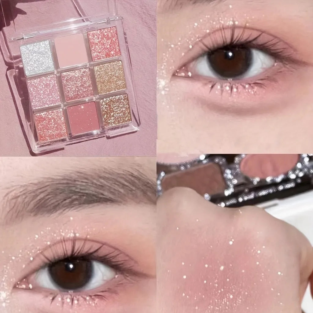 Palette fards à paupières 9 couleurs – Rose, waterproof, longue tenue, fini nacré et pailleté