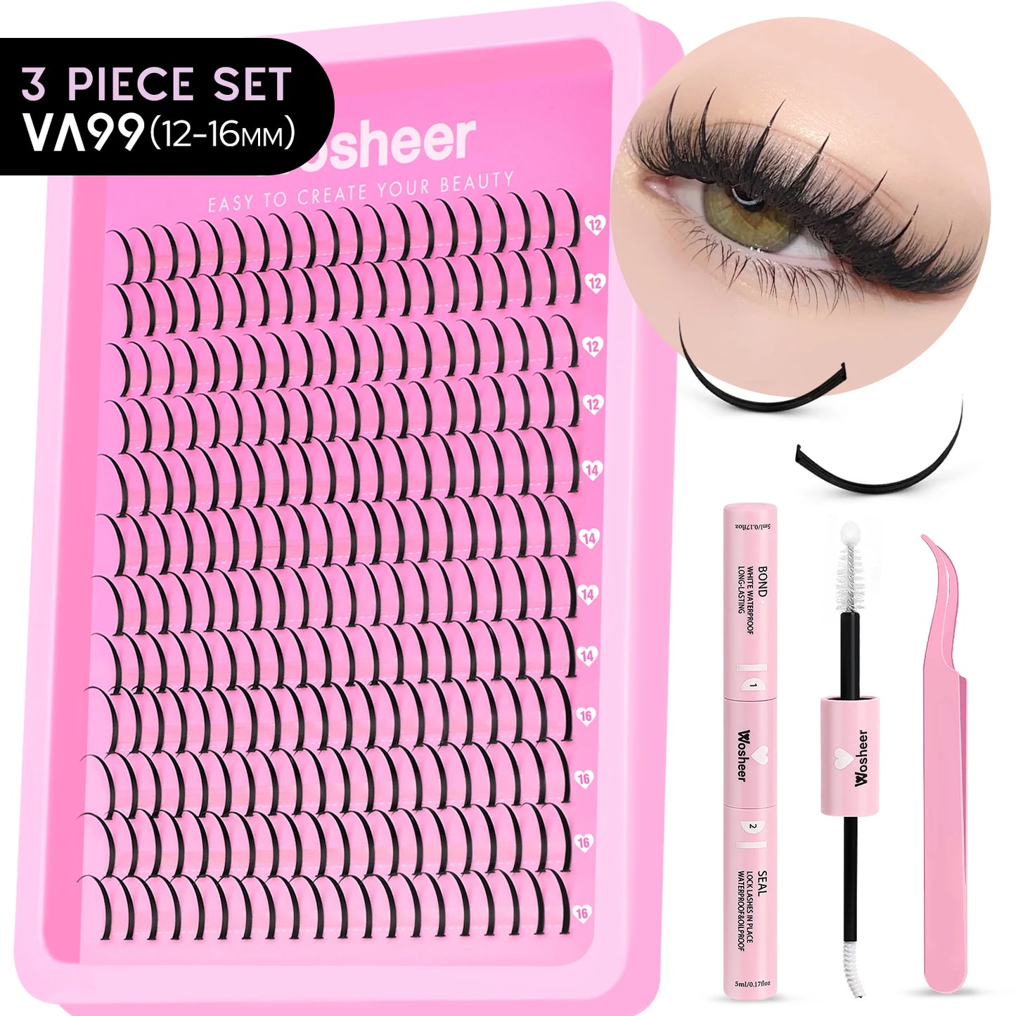 Kit de grappes de cils – Grappes de cils en pointe, volume, cils individuels, DIY – Extensions de cils style manga, effet piquant