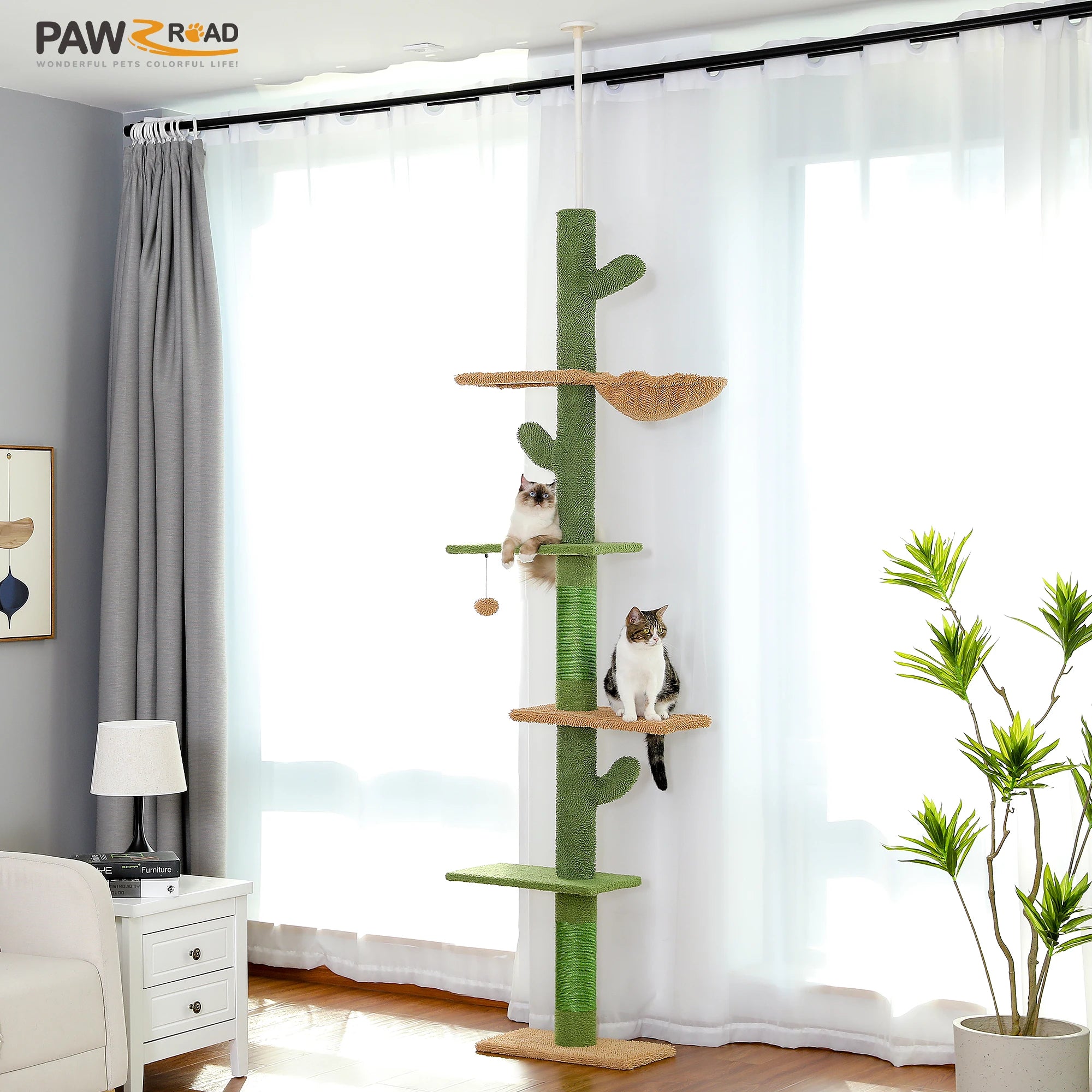 5-Tier Floor-to-Ceiling Cactus Cat Tree – Cat Tower with Hammock & Scratching Posts