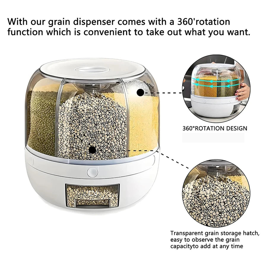 360° Rotating 6-Grid Food Dispenser – Airtight Kitchen Storage Container