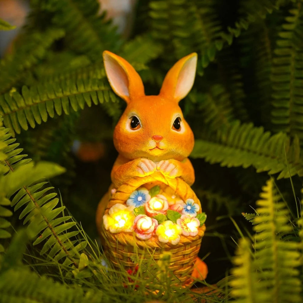 Solar Rabbit Garden Statue with LED Light – Bunny & Flower Outdoor Décor