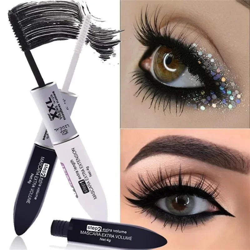 Mascara 2 en 1 4D fibres de soie noir waterproof volume et recourbant double allongeant cils yeux