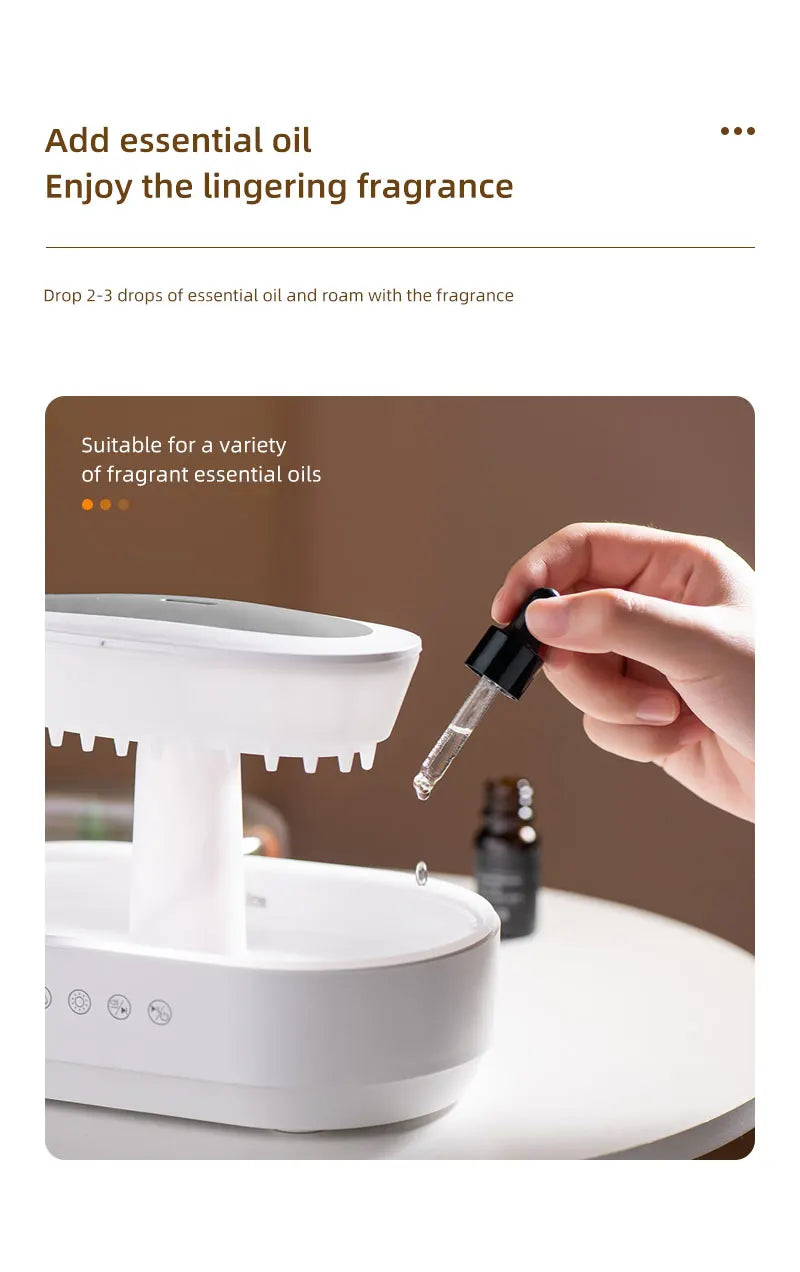 Raindrop Aroma Diffuser – Ultrasonic Humidifier with White Noise & Colorful LED Lights