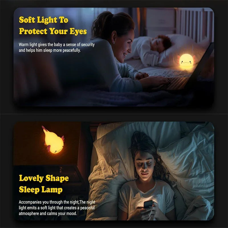 Cute Axolotl Night Light – USB Rechargeable Silicone Lamp for Kids & Nursery