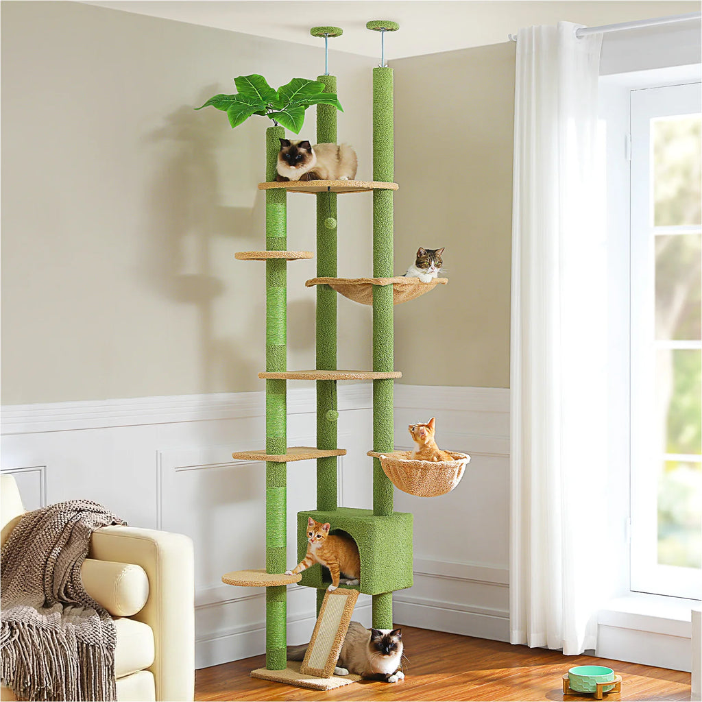 Floor-to-Ceiling Adjustable Wooden Cat Tree – Cat Tower with Hammock & Condo