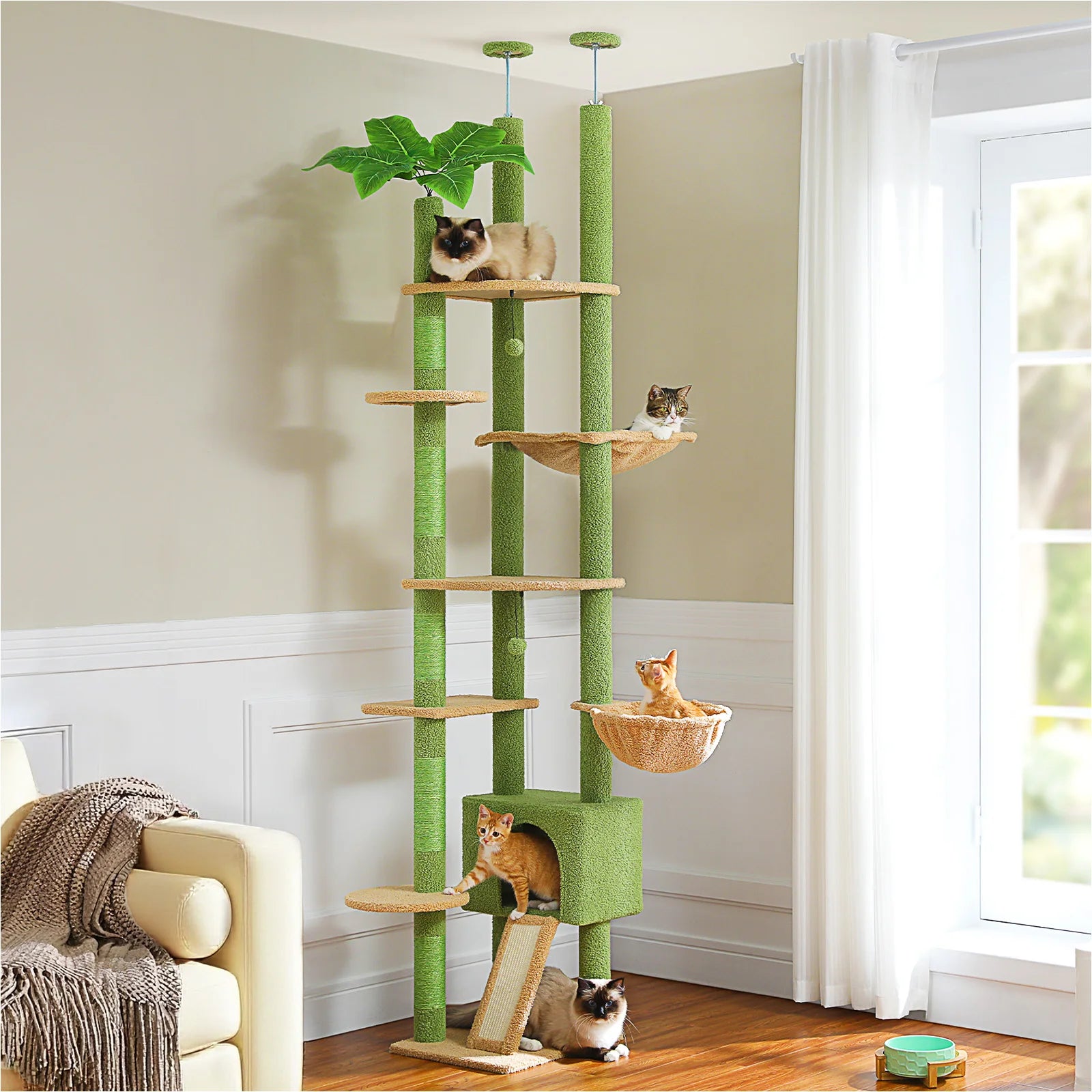 Floor-to-Ceiling Adjustable Wooden Cat Tree – Cat Tower with Hammock & Condo