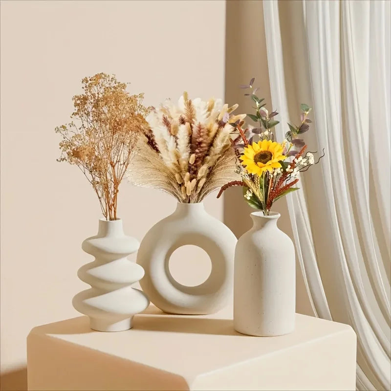 3-Piece White Boho Ceramic Vase Set – Decorative Vases for Home & Wedding Decor