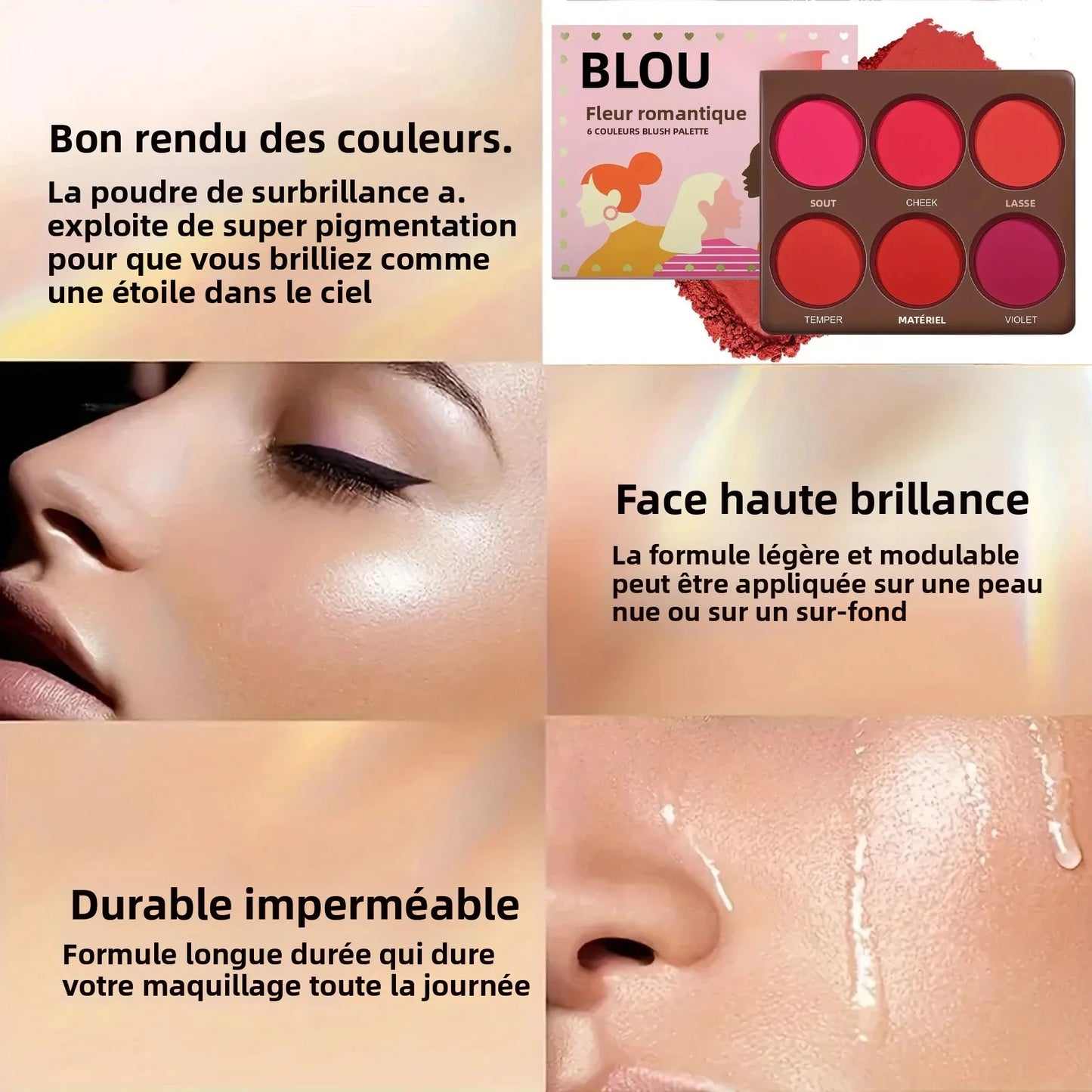 Palette de blush 6 couleurs – Tons naturels, palette d’ombres à paupières et blush mat – Légère et respirante, adaptée pour joues et yeux