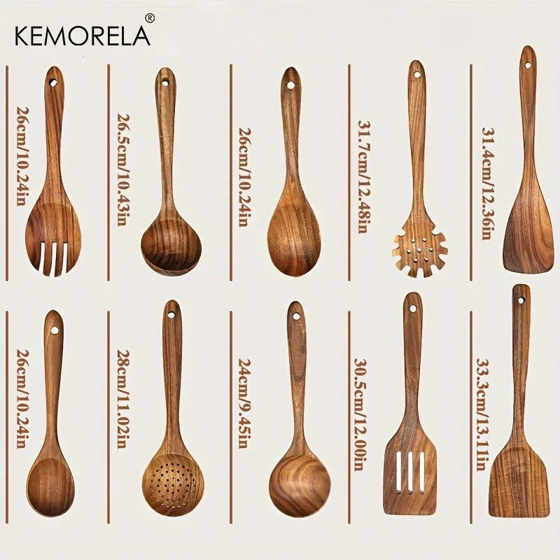 10-Piece Natural Wooden Kitchen Utensil Set – Wooden Spoons, Spatulas & Ladles for Cooking and Serving