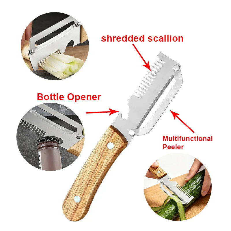 3-in-1 Stainless Steel Vegetable Peeler with Wooden Handle – Fruit & Potato Peeler with Built-In Bottle Opener