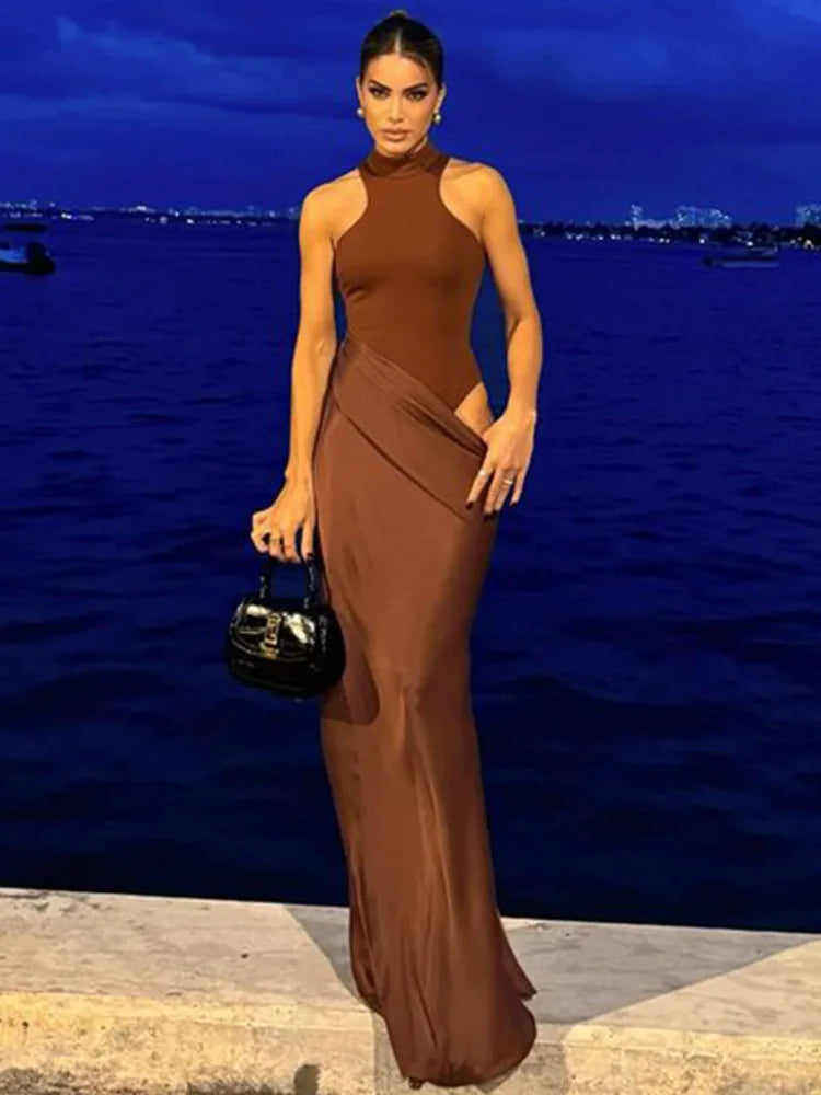 Robe Longue Femme Satin Sexy – Col Ajouré, Sans Manches, Taille Haute, Noir, Automne 2025