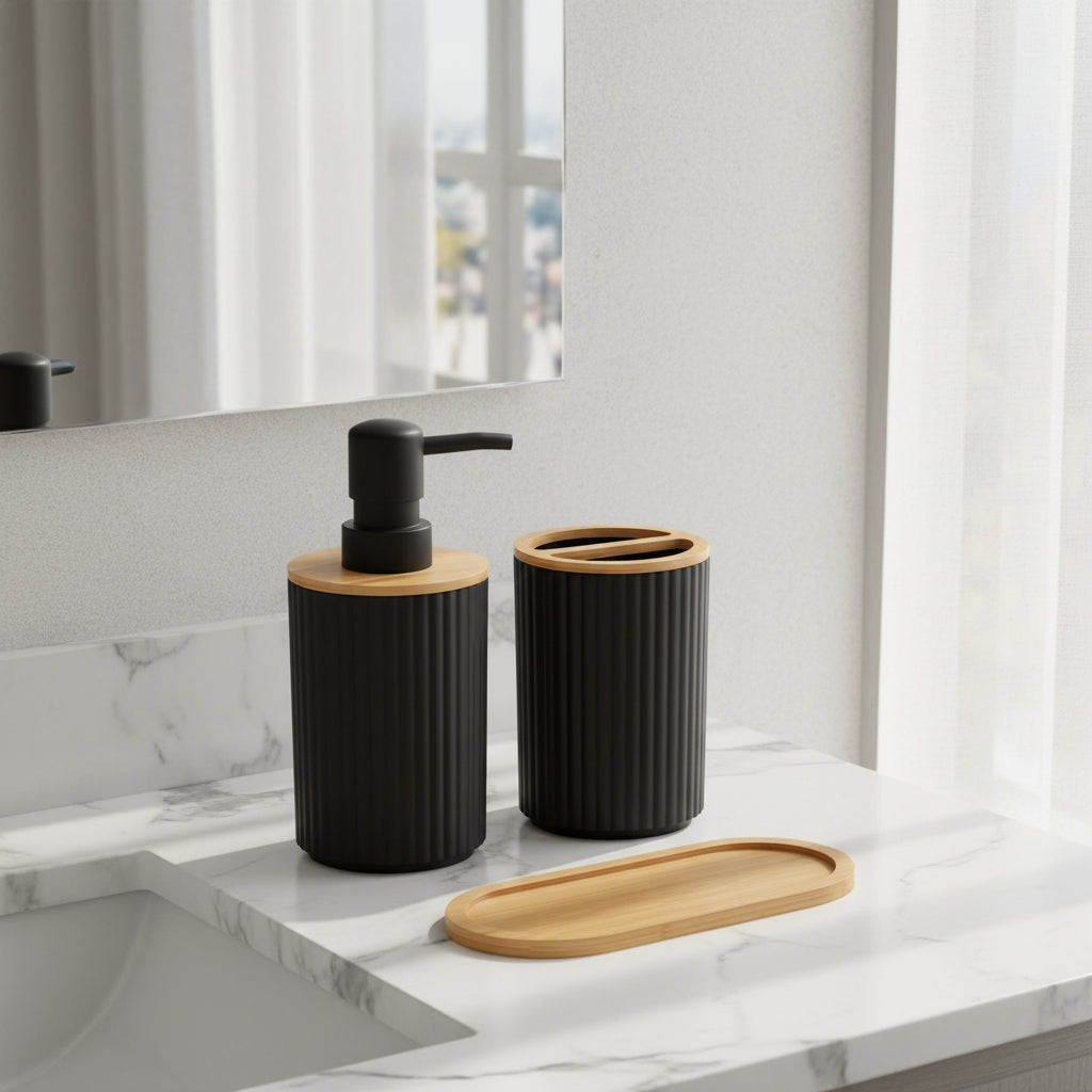 2PCS Black Bathroom Accessories Set – Soap Dispenser & Toothbrush Cup