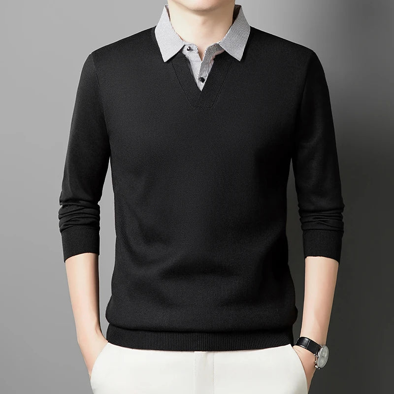 Faux pull deux pièces pour hommes, haut de Base à motif gaufré, col de chemise d'affaires, T-shirt à manches longues pour hommes, nouvelle collection automne et hiver