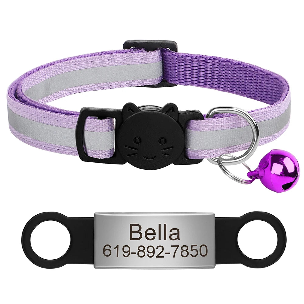 Personalized Reflective Cat Collar with Engraved ID Tag & Bell