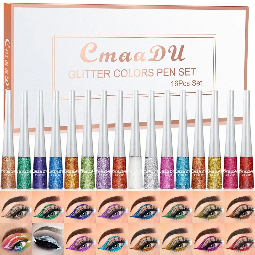 Kit 16 couleurs – eyeliner liquide métallique et pailleté, pigment brillant, maquillage professionnel des yeux