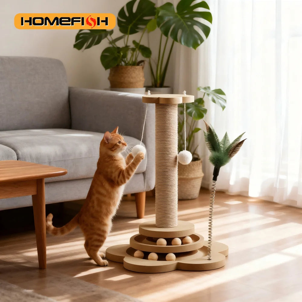 Wooden Interactive Cat Toy – Turntable with Sisal Scratcher & Rolling Balls