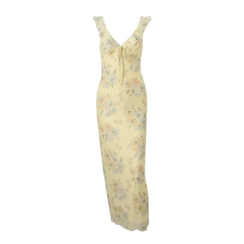Robe Longue Vintage Jaune Femme – Col V, Sans Manches, Imprimé Floral, Taille Haute, Élégante, Idéale Vacances et Soirées