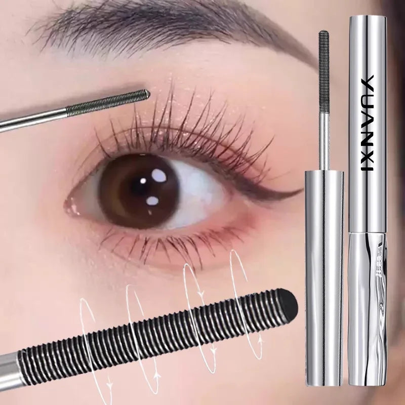 Mascara tube acier brosse spirale spéciale waterproof fibres de soie longue tenue recourbant cils durable