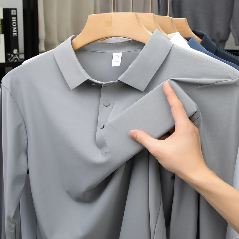 Hommes de haute qualité été nouveau revers hommes à manches longues polo broderie couleur unie affaires décontracté hommes polo