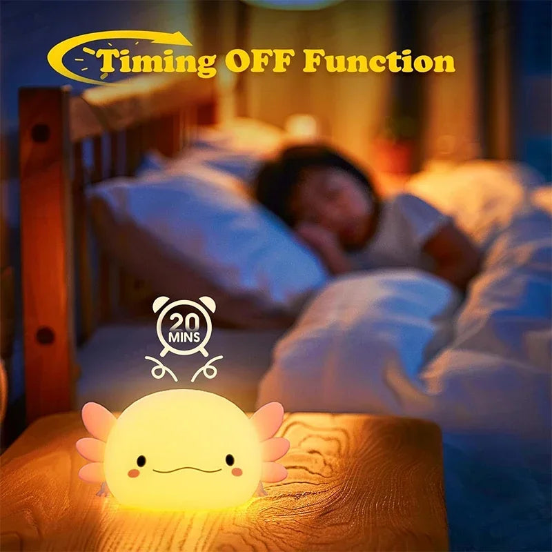 Cute Axolotl Night Light – USB Rechargeable Silicone Lamp for Kids & Nursery