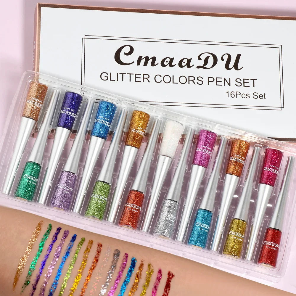 Kit 16 couleurs – eyeliner liquide métallique et pailleté, pigment brillant, maquillage professionnel des yeux