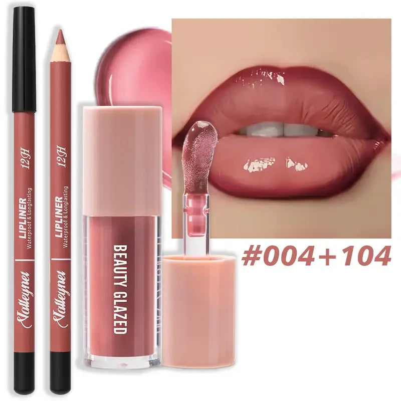 Set 2 Pièces Maquillage Lèvres – Matte Waterproof, Crayon et Gloss, Texture Crayon, Teintes Rouge, Marron, Rose et Nude