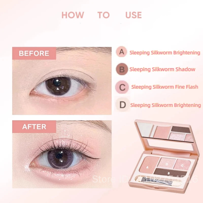 Palette 4 couleurs, fards à paupières, blush, eyeliner, highlighter et contouring, texture soyeuse, illumine le visage