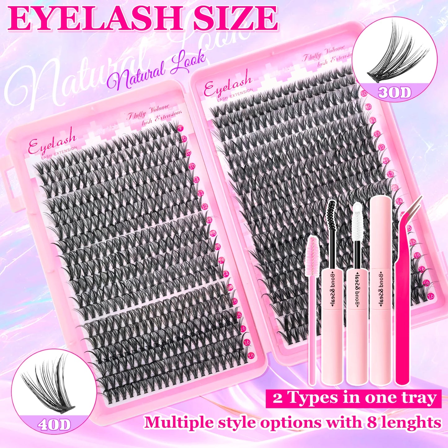 Kit Extension de Cils 720/200 pcs Fluffy Avec Colle, Scellant, Pinces et Clusters Épais Wispy