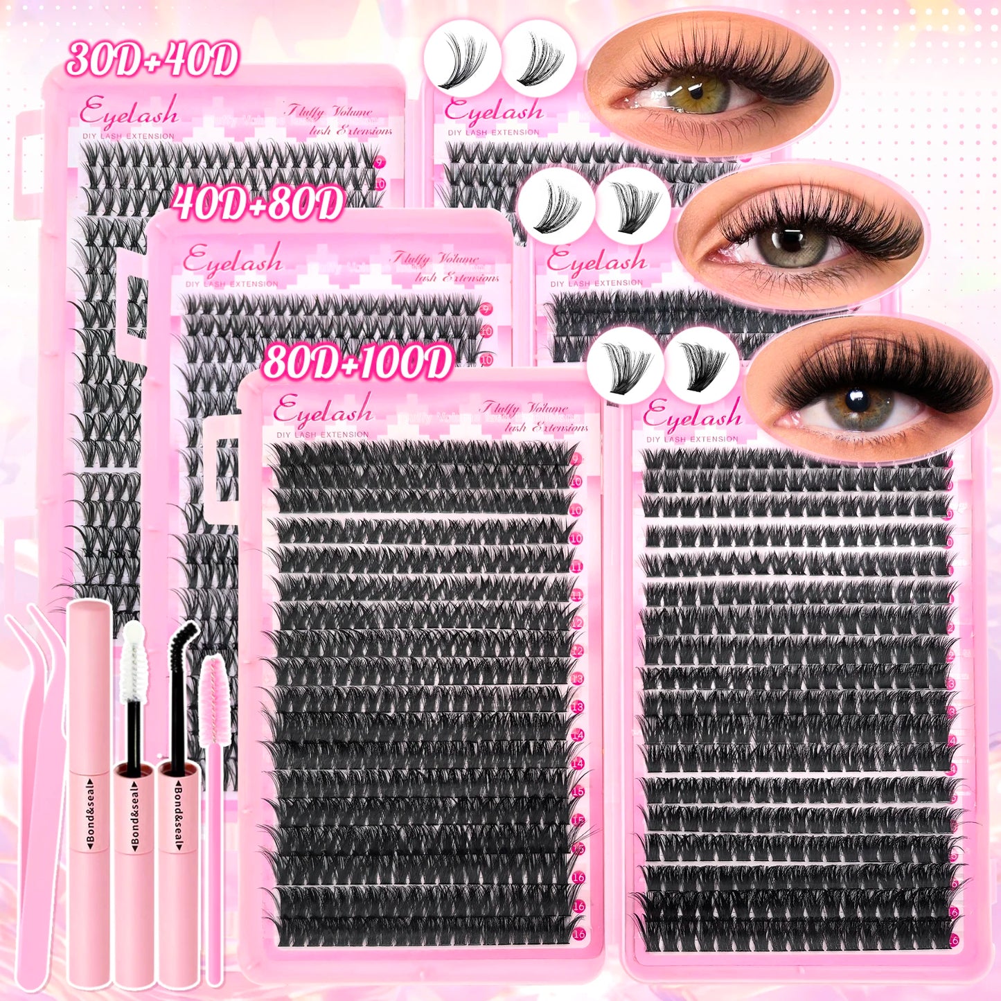 Kit Extension de Cils DIY 720 pcs Clusters Cils Individuels Avec Colle et Scellant Naturels Wispy