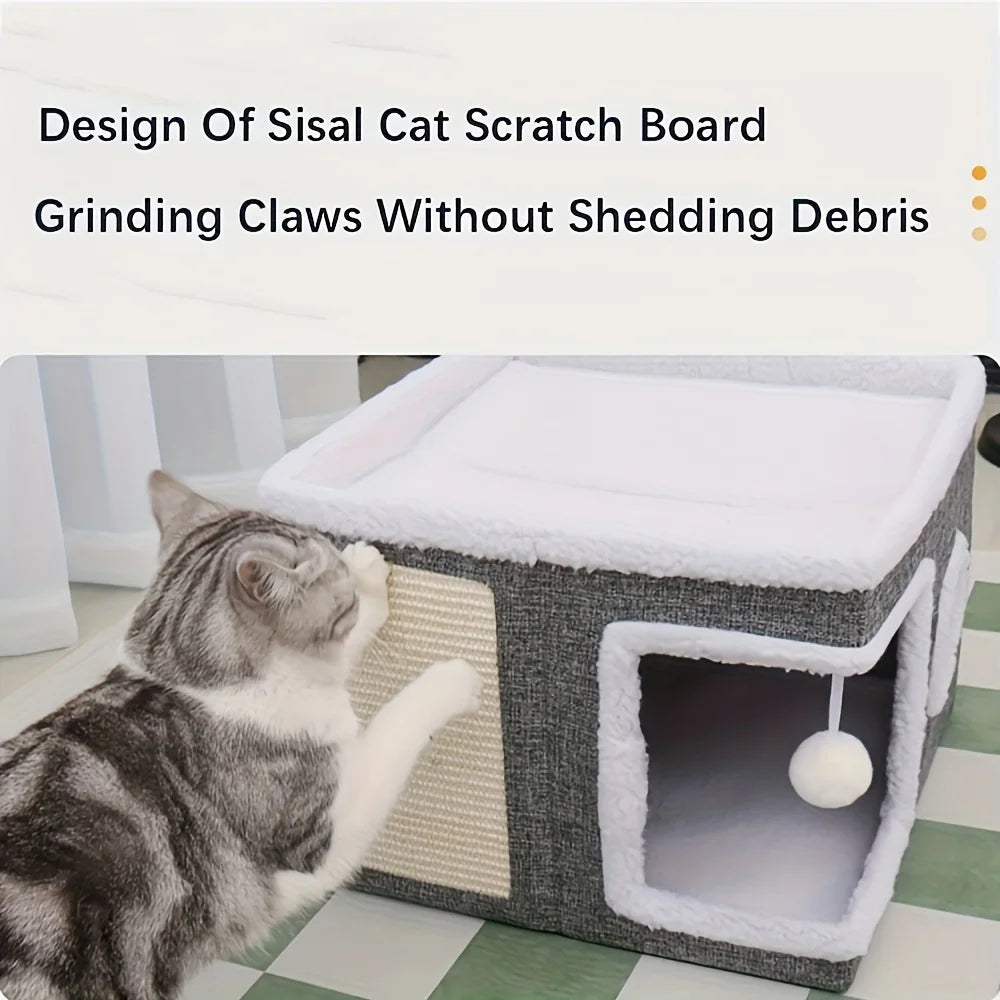 4-Season Multi-Level Cat House – Foldable Cat Cave Bed with Scratching Board