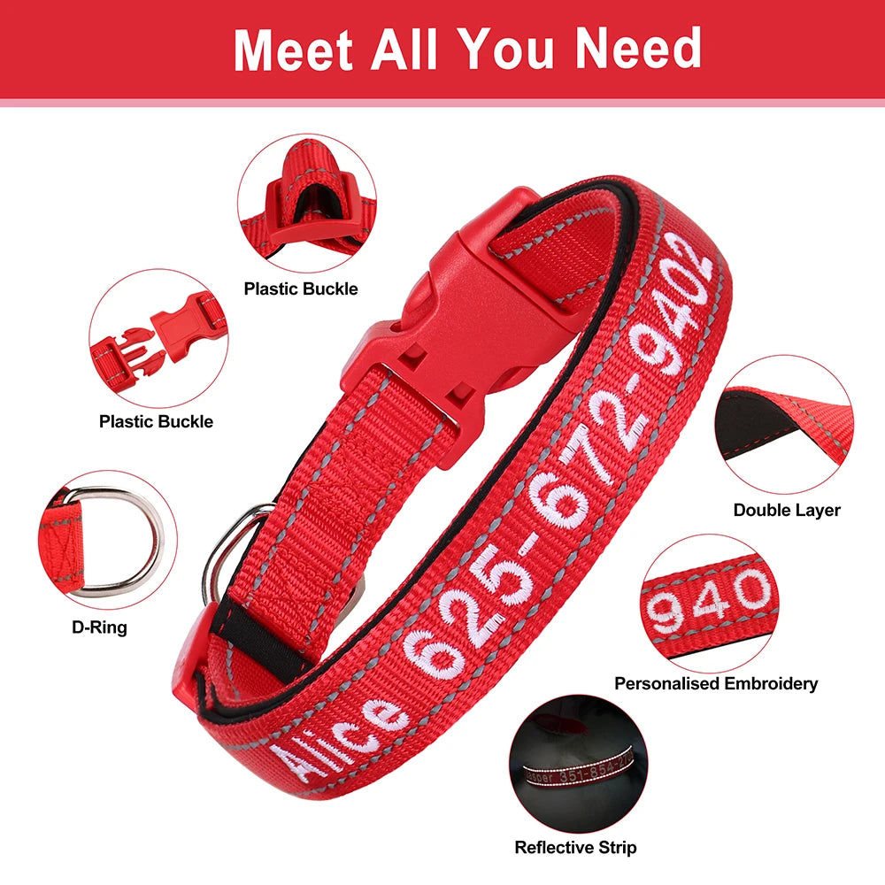 Personalized Embroidered Reflective Dog & Cat Collar – Custom Name & Phone ID