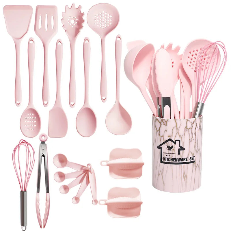 18-Piece Pink Silicone Kitchen Utensil Set – Food-Grade Cooking Tools with Spatulas, Turners & Measuring Spoons