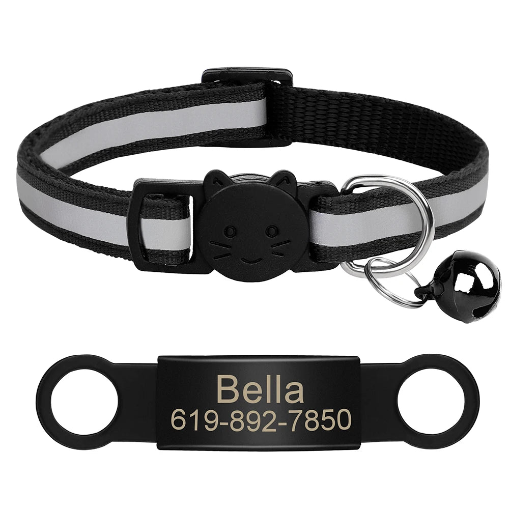 Personalized Reflective Cat Collar with Engraved ID Tag & Bell