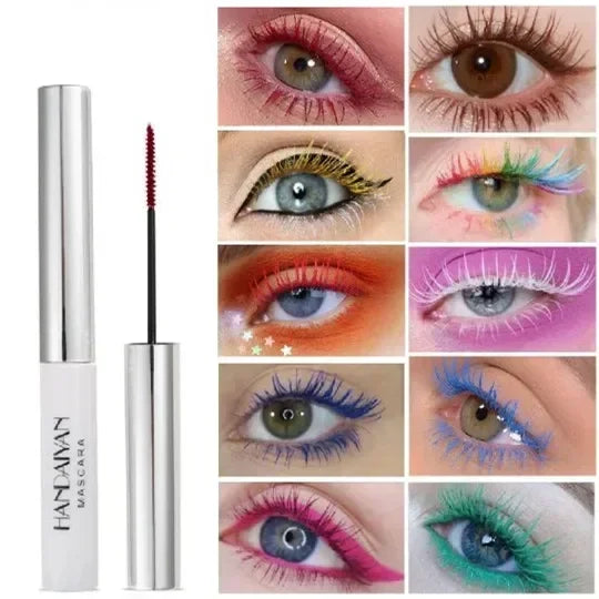 Mascara 12 couleurs waterproof séchage rapide cils recourbés et allongés bleu, rouge, violet, noir, blanc, doré