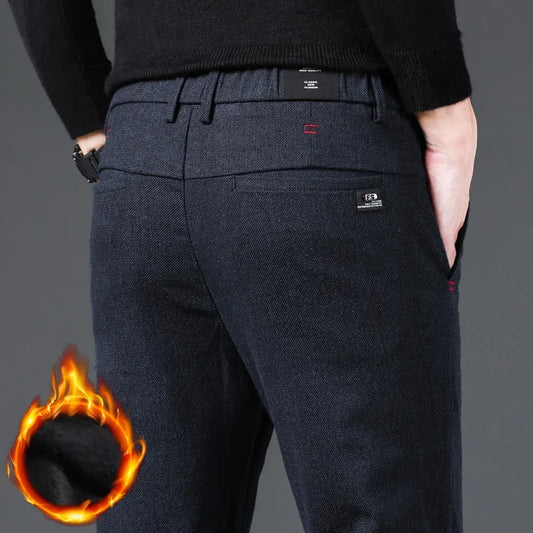 Mode hommes thermique polaire pantalons décontractés hiver épais droit mince velours pantalon marque vêtements coréen mâle pantalon taille 28-38