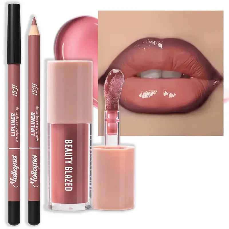 Set 2 Pièces Maquillage Lèvres – Matte Waterproof, Crayon et Gloss, Texture Crayon, Teintes Rouge, Marron, Rose et Nude