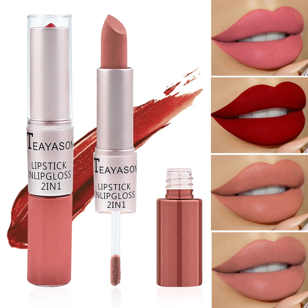 Rouge à lèvres 1 pièce – Finition velours mate et longue tenue | Double embout avec gloss | Non collant, waterproof | Set 2-en-1 rouge mat et brillant pour maquillage lèvres