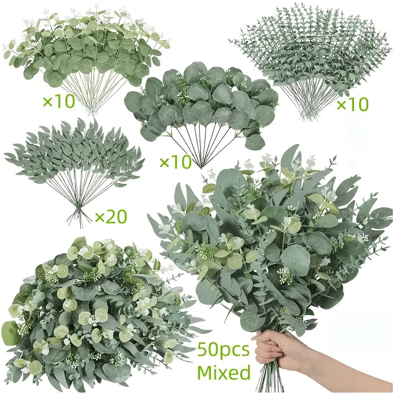 50PCS Artificial Eucalyptus Stems – Mixed Greenery Bouquet for DIY Décor