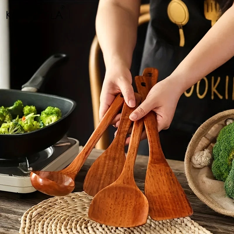 4-Piece Wooden Kitchen Utensil Set – Non-Stick Cooking Spatulas, Spoons & Food Shovels