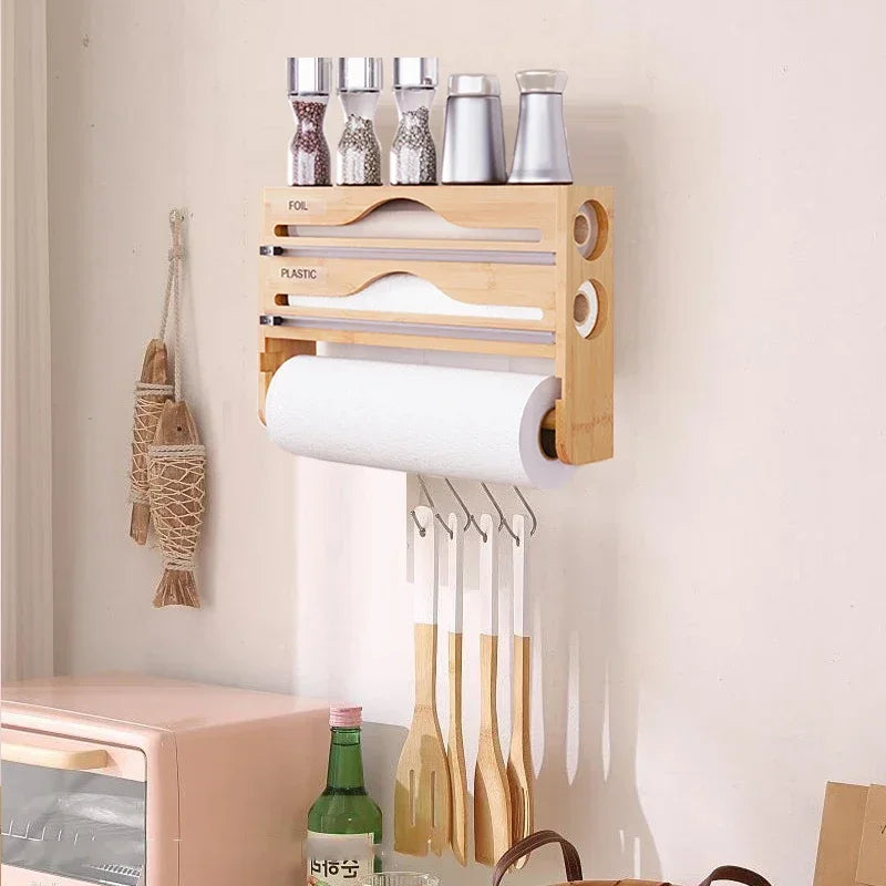 Bamboo Wall Mounted Kitchen Organizer – Cling Film & Foil Cutter Storage Box