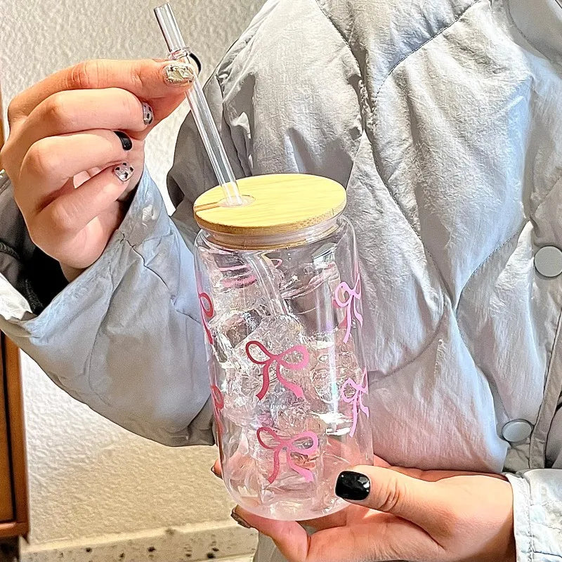 500ml Cute Bow Glass Tumbler with Lid & Straw – Mason Jar Style Cup for Iced Coffee, Juice & Smoothies
