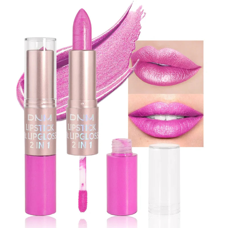 Rouge à lèvres 2-en-1 + gloss — Couleur métallique et nacrée | Tenue longue durée et hydratante | Waterproof | Finition brillante et sexy pour maquillage des lèvres
